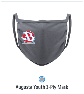 Dark gray fabric face mask with the Burlington Skating logo (a stylized uppercase B with a skate blade below it) on the left side.